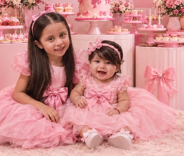 Liah e Ivy sentadas juntas con vestidos rosas de tul